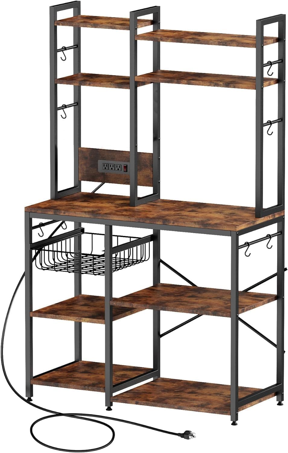 Luckyeestar 5 Tier Kitchen Bakers Rack with Power Outlet，25.2 Inch Metal Storage Shelf for Microwave, Coffee Bar, Spice Organizer, Freestanding Kitchen Cart with Hooks