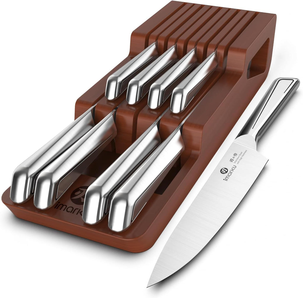 imarku Knife Set, 10 PCS Japanese Stainless Steel Knife Block Set, Kitchen Knife Sets with Wooden Drawer Organizer, Drawer Knife Set,Dishwasher Safe, Ultra Sharp Chef Knife, Gifts for Women Men