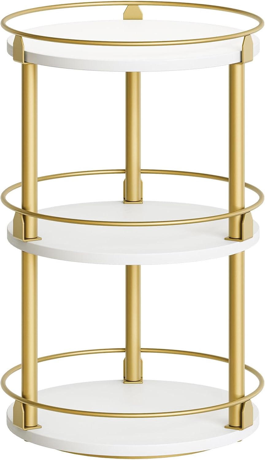 Yatiney 3-Tier Lazy Susan, Rotating Spice Rack, Spinning Organizer, Industrial Turntable Spice Rack for Cabinet, Kitchen Countertop, Pantry, White and Gold SR23DW