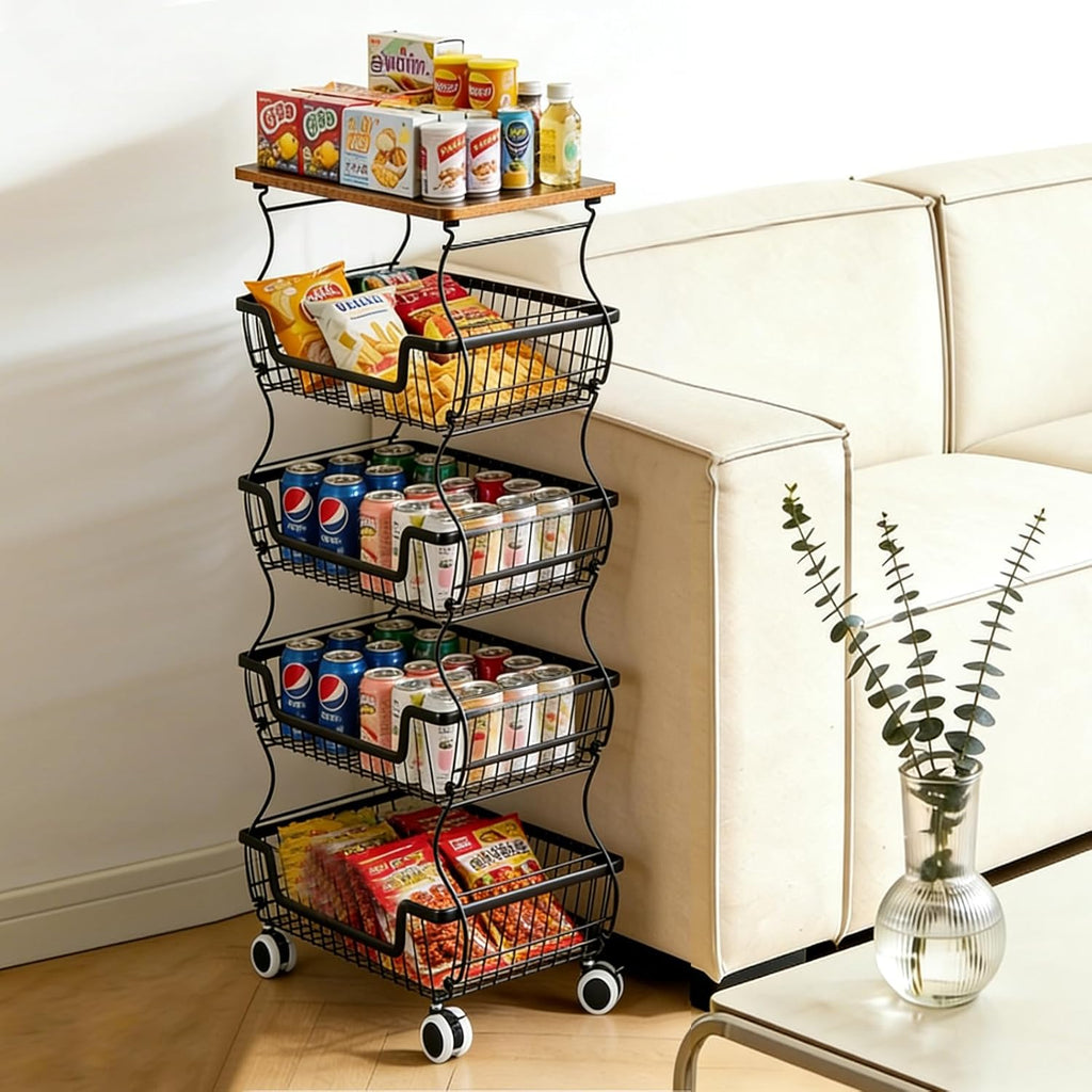 Kitchen Storage Cart on Wheels, 5 Tier Rolling Stackable Pantry Floor Organizer, Kitchen Fruit Basket Stand for Home Removable Metal Vegetable Rack Wire Snack Cart