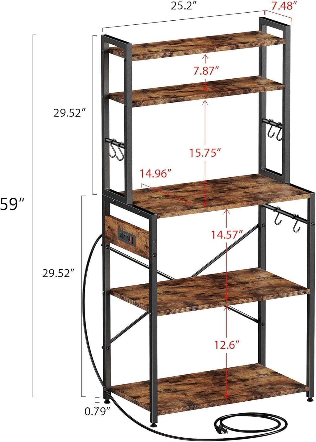 Luckyeestar 5 Tier Kitchen Bakers Rack with Power Outlet，25.2 Inch Metal Storage Shelf for Microwave, Coffee Bar, Spice Organizer, Freestanding Kitchen Cart with Hooks