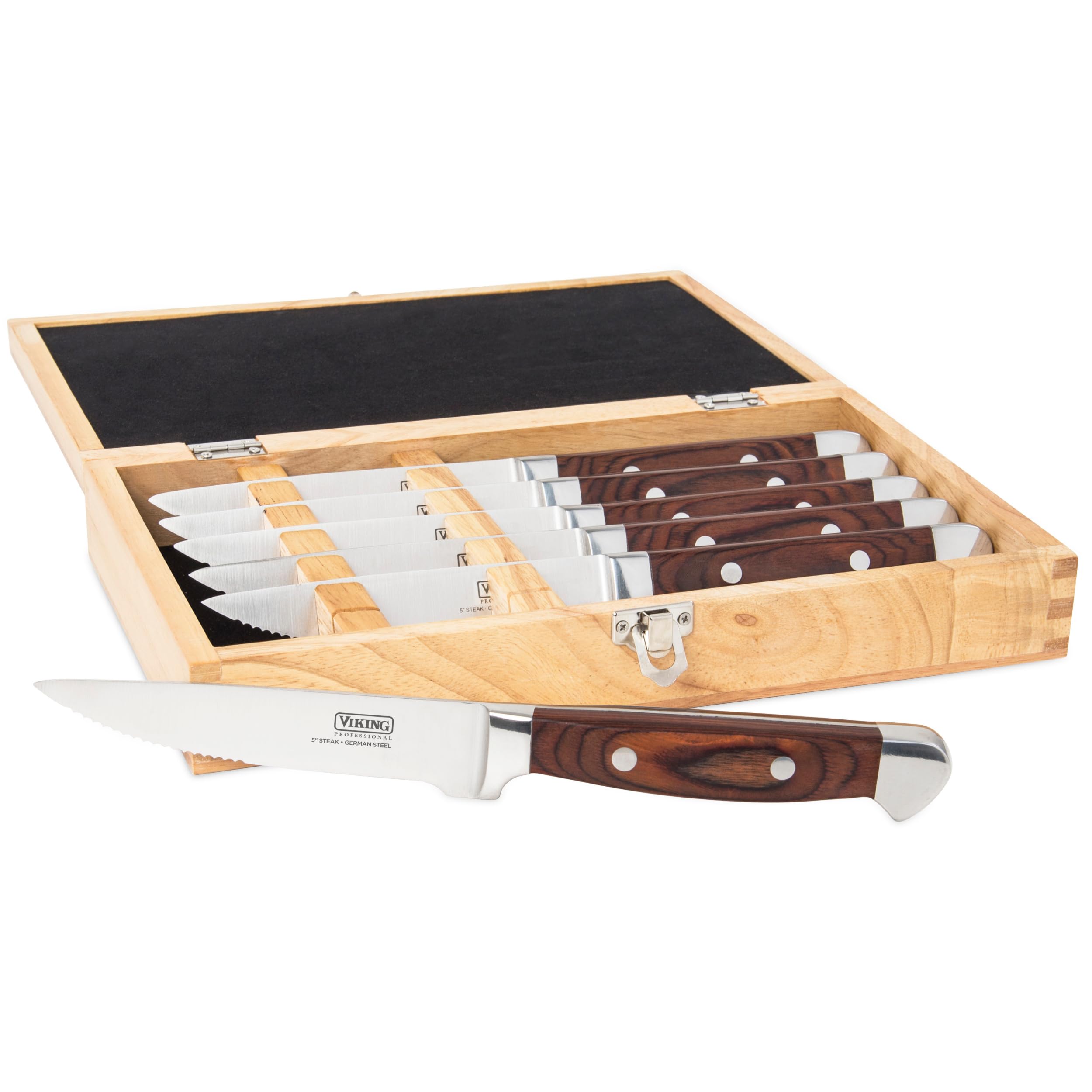 Viking Steak Knife Set, 6-Piece German Stainless Steel Knives with Pakkawood Handles and Wooden Box, Hand Wash Only, Black