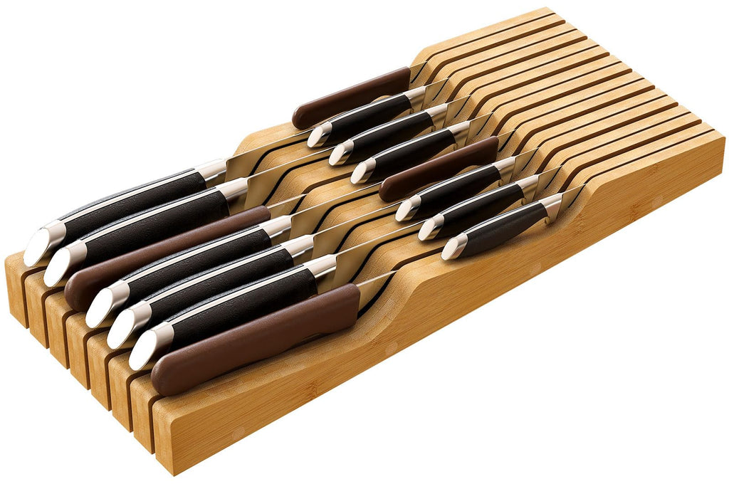 Large Knife Drawer Organizer Insert, Bamboo Wood Knife Holder, Knife Block Hold up To 15 Knives