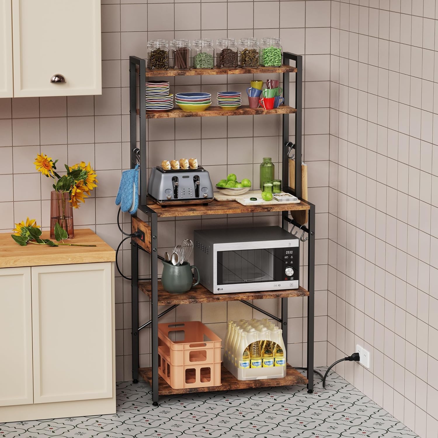 Luckyeestar 5 Tier Kitchen Bakers Rack with Power Outlet，25.2 Inch Metal Storage Shelf for Microwave, Coffee Bar, Spice Organizer, Freestanding Kitchen Cart with Hooks