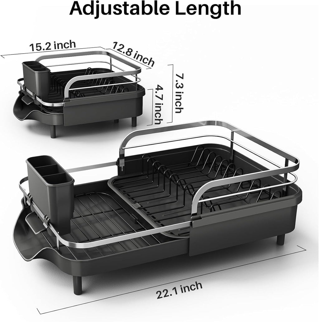 SNTD Dish Drying Rack, Expandable Dish Rack for Kitchen Counter, Stainless Steel Dish Drainer with Drainboard Set and Utensil Holder (Black)