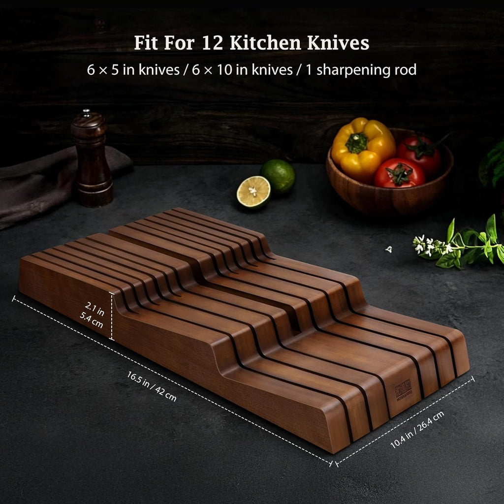 HOSHANHO In-Drawer Knife Block, Large Bamboo Knife Drawer Organizer for 12 Knives, Kitchen Steak Knife Holder for Sharpening Steel, Brown (Knives & Sharpening Not Included)