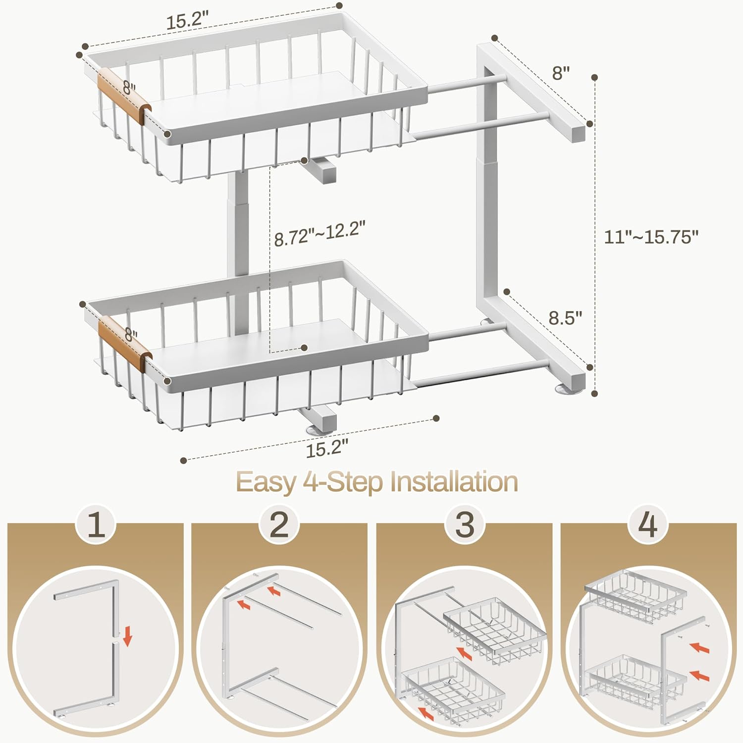 ADBIU Under Sink Organizer 2 Pack, Adjustable Height (11"-15.75") Under Cabinet Storage, 2 Tier Pull Out Sliding Drawers for Kitchen Bathroom, Heavy Duty Metal Shelf, White