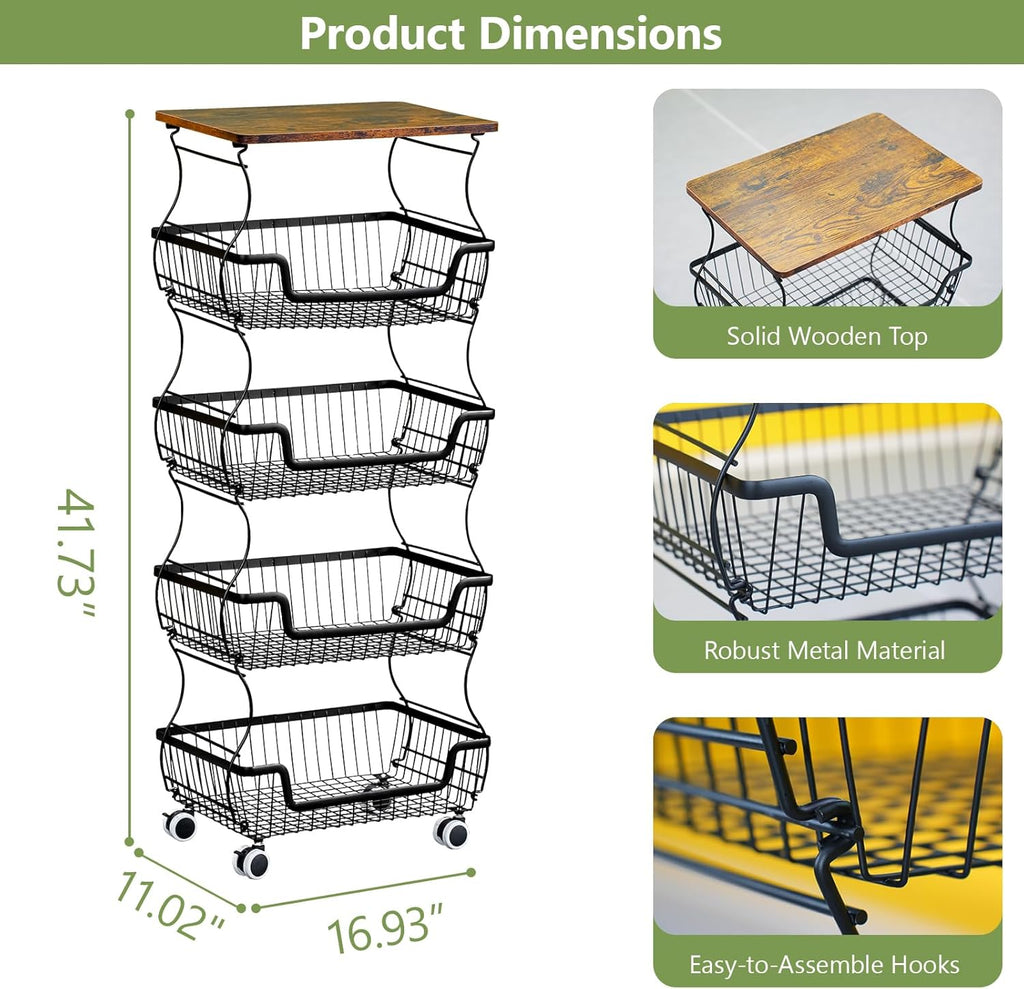 Kitchen Storage Cart on Wheels, 5 Tier Rolling Stackable Pantry Floor Organizer, Kitchen Fruit Basket Stand for Home Removable Metal Vegetable Rack Wire Snack Cart