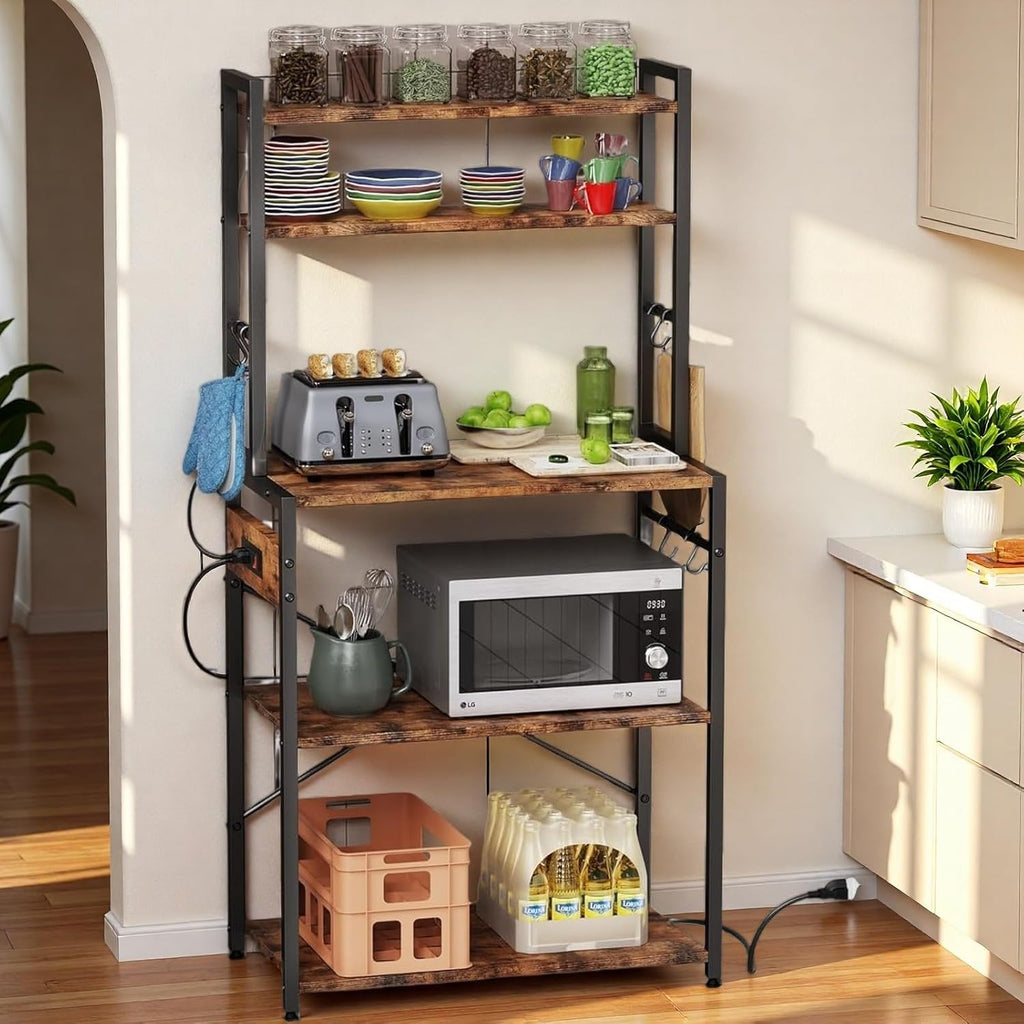 Luckyeestar 5 Tier Kitchen Bakers Rack with Power Outlet，25.2 Inch Metal Storage Shelf for Microwave, Coffee Bar, Spice Organizer, Freestanding Kitchen Cart with Hooks