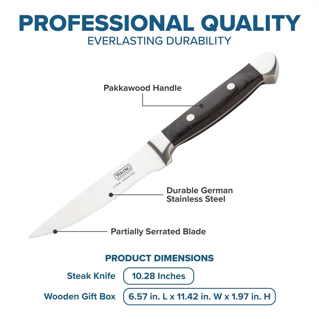Viking Steak Knife Set, 6-Piece German Stainless Steel Knives with Pakkawood Handles and Wooden Box, Hand Wash Only, Black
