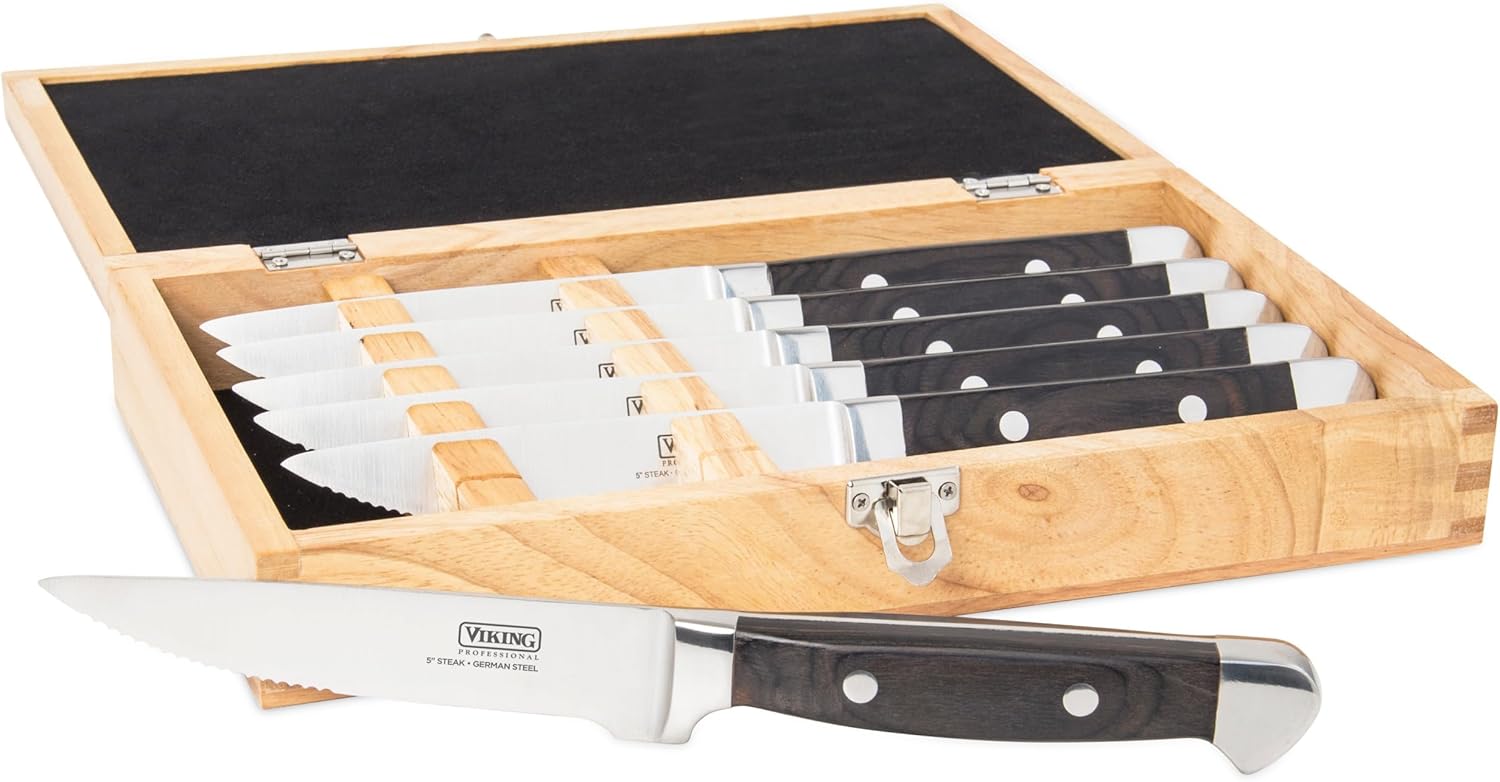 Viking Steak Knife Set, 6-Piece German Stainless Steel Knives with Pakkawood Handles and Wooden Box, Hand Wash Only, Black