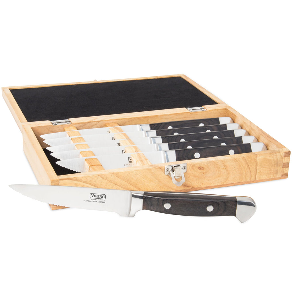 Viking Steak Knife Set, 6-Piece German Stainless Steel Knives with Pakkawood Handles and Wooden Box, Hand Wash Only, Black