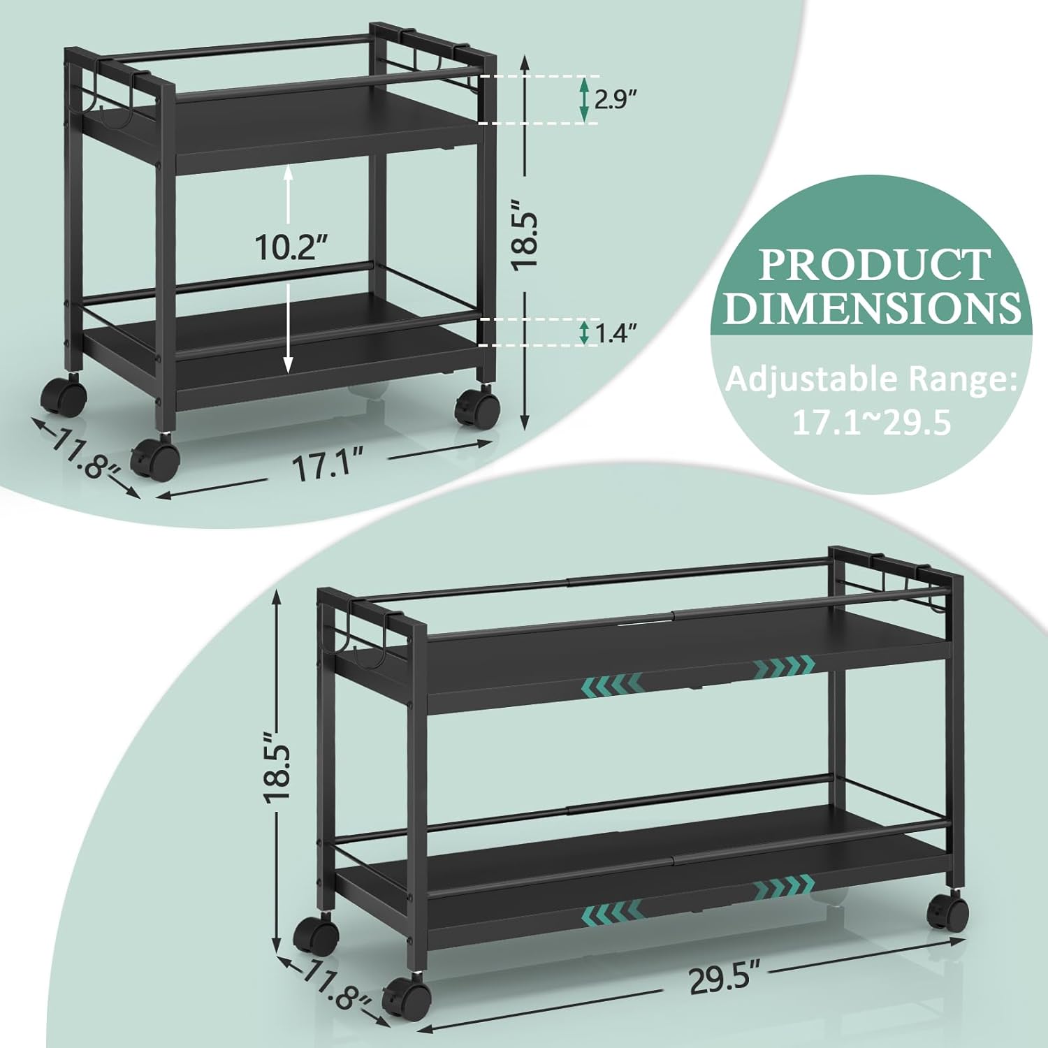 2-Tier Expandable Rolling Pantry Cart with Wheels, Adjustable Floor Organizer for Kitchen Pantry, Can Organizer for Pantry, Storage Cart for Snack, Food, Vegetables, Black, Patent Pending