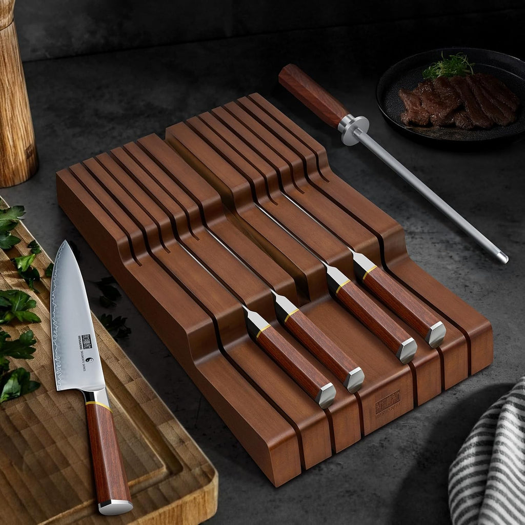 HOSHANHO In-Drawer Knife Block, Large Bamboo Knife Drawer Organizer for 12 Knives, Kitchen Steak Knife Holder for Sharpening Steel, Brown (Knives & Sharpening Not Included)