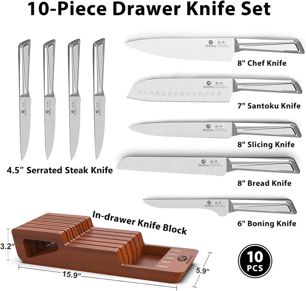 imarku Knife Set, 10 PCS Japanese Stainless Steel Knife Block Set, Kitchen Knife Sets with Wooden Drawer Organizer, Drawer Knife Set,Dishwasher Safe, Ultra Sharp Chef Knife, Gifts for Women Men