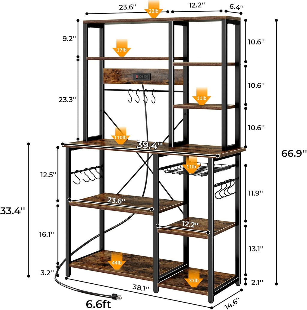 SUPERJARE Large Bakers Rack with Power Outlets, 6-Tier Microwave Stand, Coffee Bar with 12 S-Shaped Hooks, Kitchen Shelf with Wire Basket, 39.4 x 14.6 x 66.9 Inches, Rustic Brown
