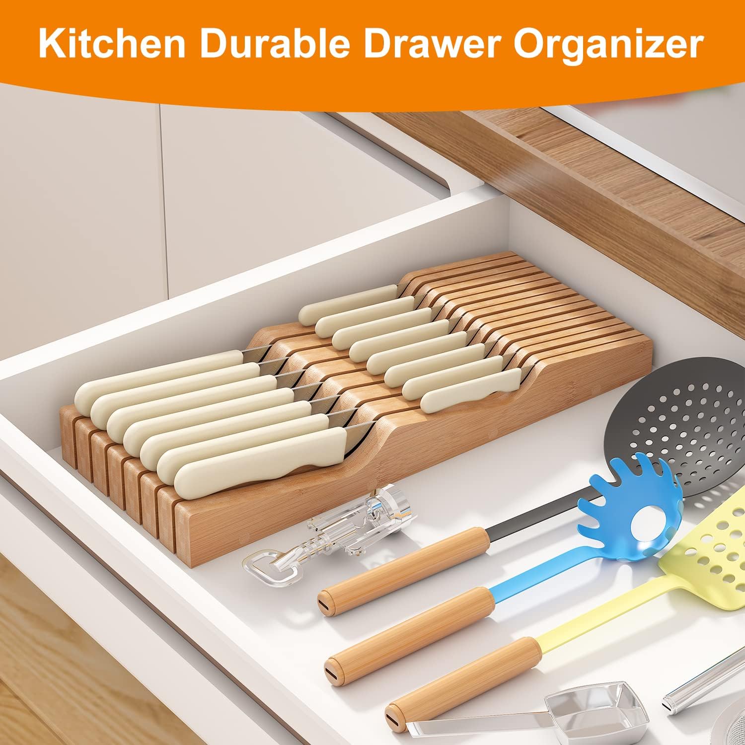 In-Drawer Knife Block Organizer - Bamboo Wood Drawer Knife Organizer-Protecting Knife Organizer Block (Not Included) (Natural, 15 Knives Dock)