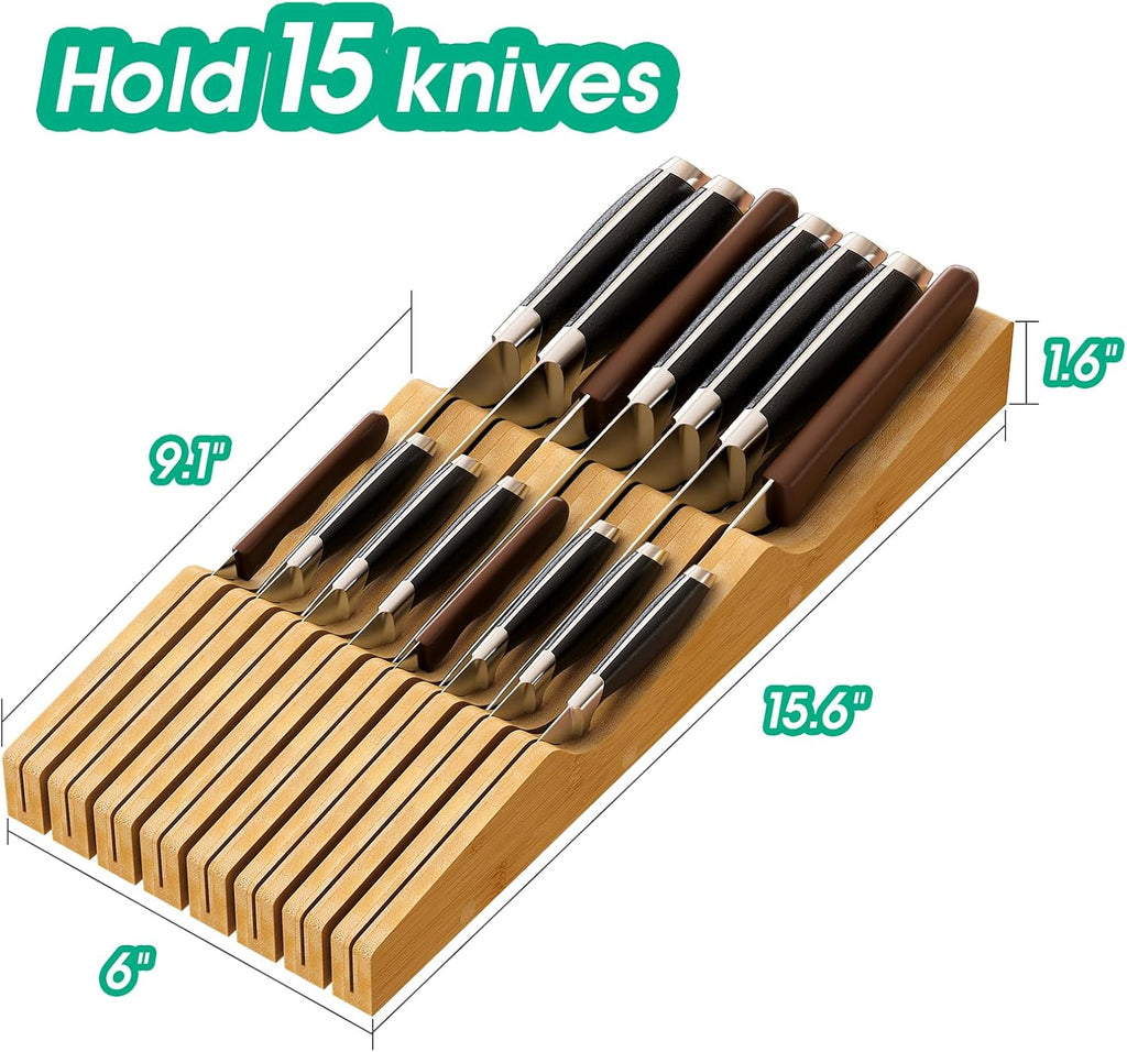 Large Knife Drawer Organizer Insert, Bamboo Wood Knife Holder, Knife Block Hold up To 15 Knives