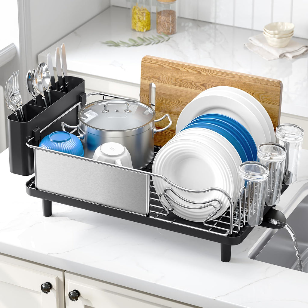 Urackify Stainless Steel Dish Drying Rack - Large Capacity Kitchen Counter Organizer with Drain Board, Utensil Holder & Detachable Cup Shelf, 304 Surgical-Grade Rust-Proof Dish Drainer, Easy Assembly