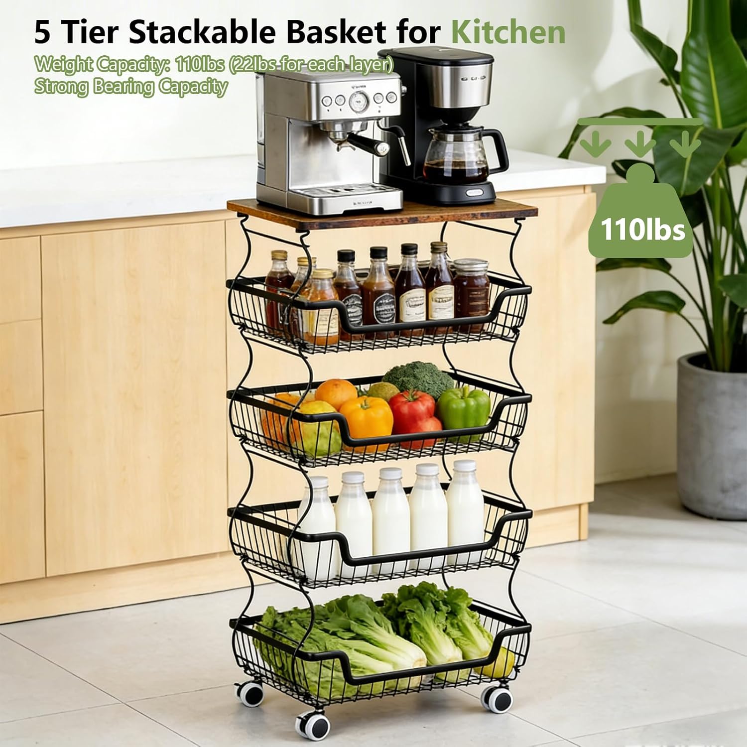 Kitchen Storage Cart on Wheels, 5 Tier Rolling Stackable Pantry Floor Organizer, Kitchen Fruit Basket Stand for Home Removable Metal Vegetable Rack Wire Snack Cart