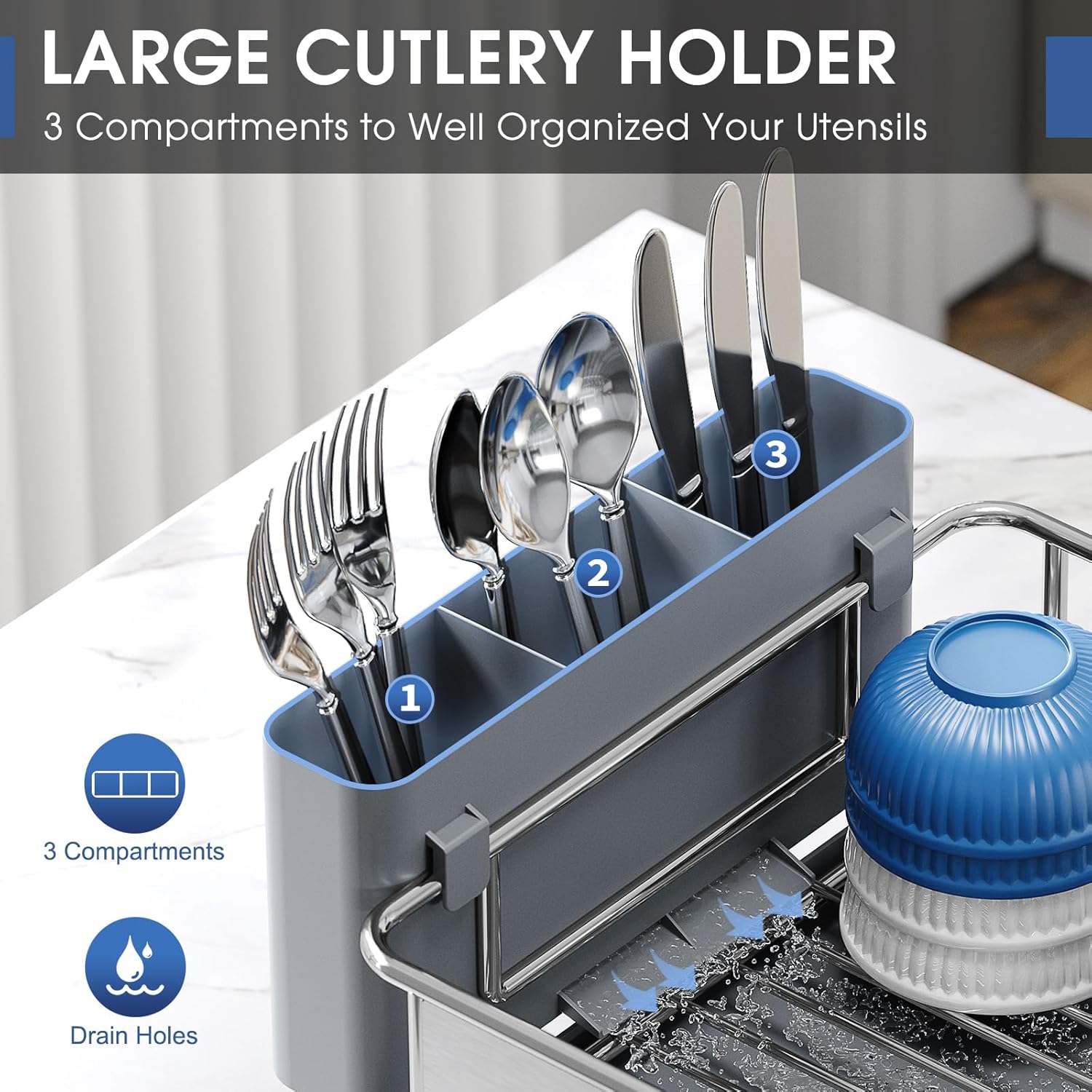 Urackify Stainless Steel Dish Drying Rack - Large Capacity Kitchen Counter Organizer with Drain Board, Utensil Holder & Detachable Cup Shelf, 304 Surgical-Grade Rust-Proof Dish Drainer, Easy Assembly