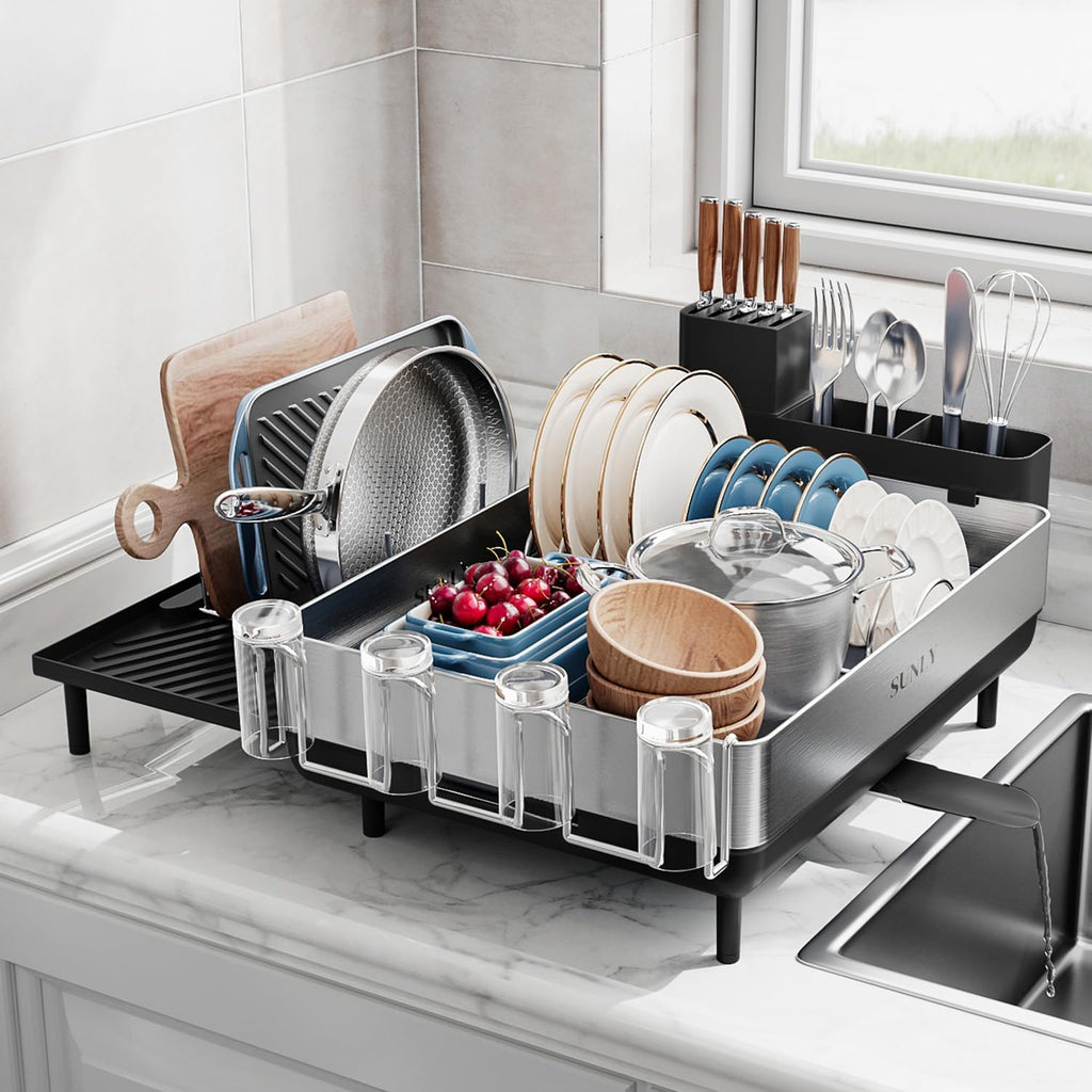 SUNLY Large Dish Drying Rack, Expandable Dish Racks for Kitchen Counter, Space Saving 304 Stainless Steel Drying Rack Kitchen, Extra Large Drainer with Multifunctional Flip Up Pegs, Gray