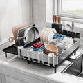SUNLY Large Dish Drying Rack, Expandable Dish Racks for Kitchen Counter, Space Saving 304 Stainless Steel Drying Rack Kitchen, Extra Large Drainer with Multifunctional Flip Up Pegs, Gray