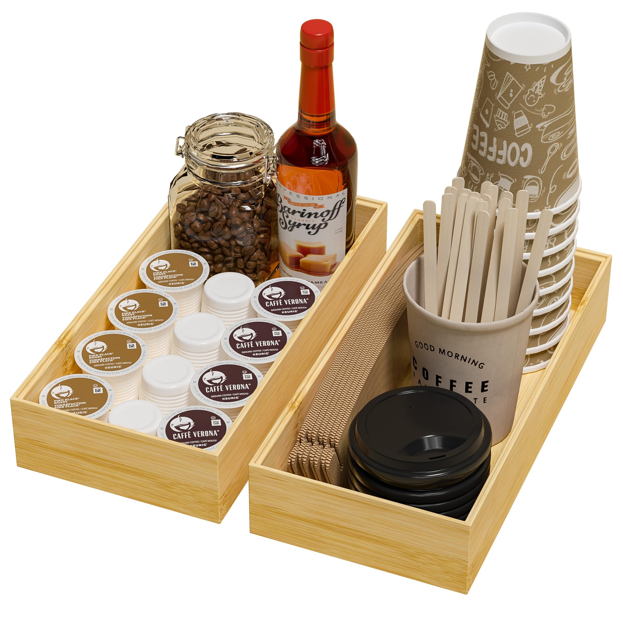 Kitchen Drawer Organizer Bins, Stackable Bamboo Deep Drawer Organizer for Silverware, Utensils, Cutlery, Flatware, Junk Drawer, Dresser, Bathroom, 12" x 3" x 2.5" (Set of 2)