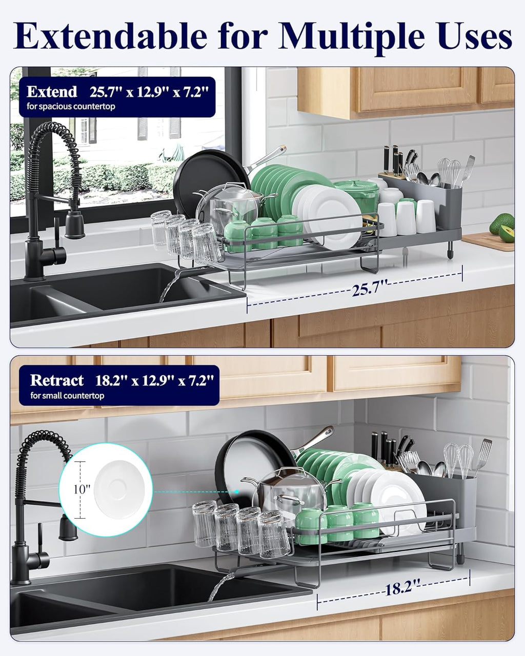 Kitsure Extendable Dish Drying Rack, Large Drying Dish Rack with Cutlery & Cup Holders, Multifunctional Dish Racks for Counter with Drainage, 18.2"-25.7" L x 12.9" W, Grey