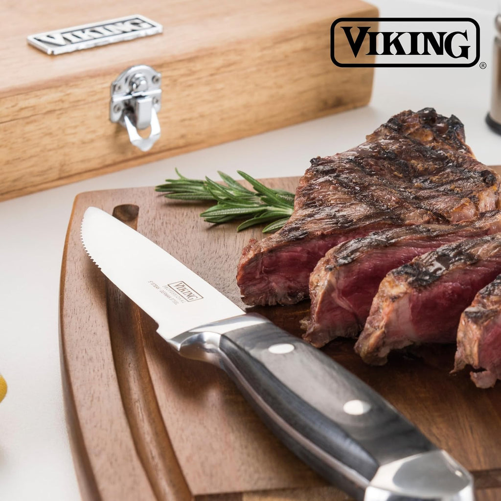 Viking Steak Knife Set, 6-Piece German Stainless Steel Knives with Pakkawood Handles and Wooden Box, Hand Wash Only, Black