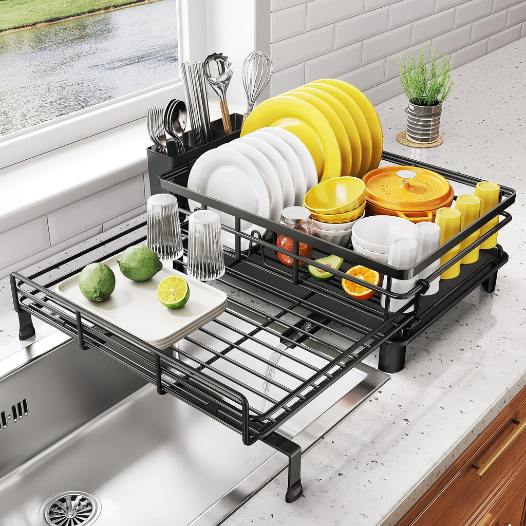 SNTD Dish Drying Rack - Extendable Dish Rack, Large Sink Drying Dish Drainer for Kitchen Counter, Stainless Steel Dish Strainer with Utensil Holder (Silver)