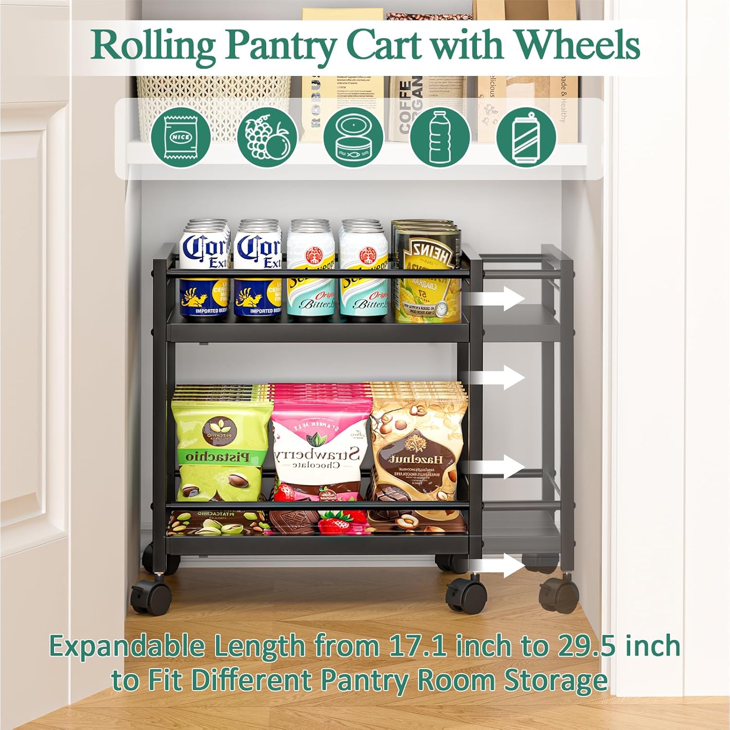 2-Tier Expandable Rolling Pantry Cart with Wheels, Adjustable Floor Organizer for Kitchen Pantry, Can Organizer for Pantry, Storage Cart for Snack, Food, Vegetables, Black, Patent Pending