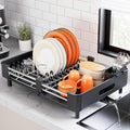 Urackify Stainless Steel Dish Drying Rack - Dish Drainer for Kitchen Counter, Extendable Drainboard with Foldable, Space-Saving Cup & Bowl Organizer, Includes Knife and Utensil Holder, Gray