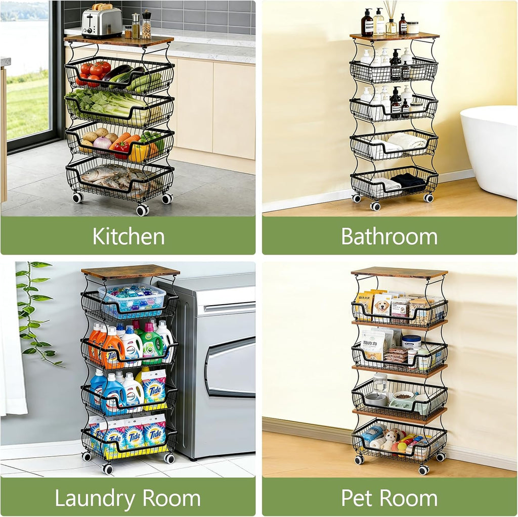 Kitchen Storage Cart on Wheels, 5 Tier Rolling Stackable Pantry Floor Organizer, Kitchen Fruit Basket Stand for Home Removable Metal Vegetable Rack Wire Snack Cart