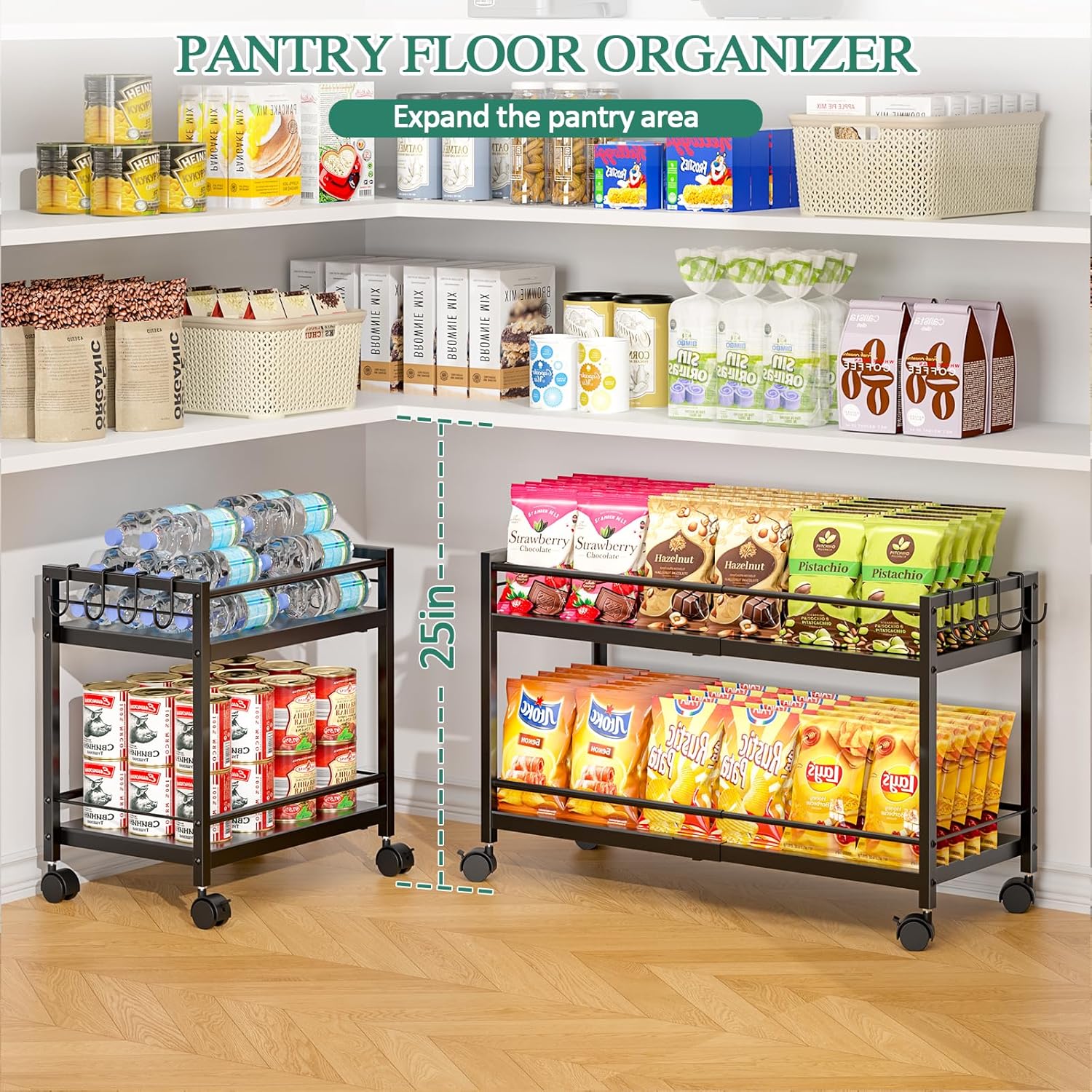 2-Tier Expandable Rolling Pantry Cart with Wheels, Adjustable Floor Organizer for Kitchen Pantry, Can Organizer for Pantry, Storage Cart for Snack, Food, Vegetables, Black, Patent Pending