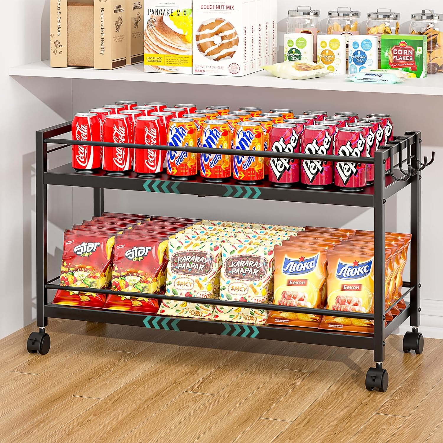 2-Tier Expandable Rolling Pantry Cart with Wheels, Adjustable Floor Organizer for Kitchen Pantry, Can Organizer for Pantry, Storage Cart for Snack, Food, Vegetables, Black, Patent Pending