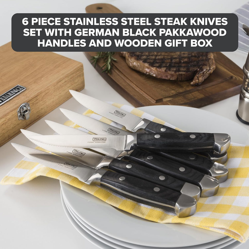 Viking Steak Knife Set, 6-Piece German Stainless Steel Knives with Pakkawood Handles and Wooden Box, Hand Wash Only, Black