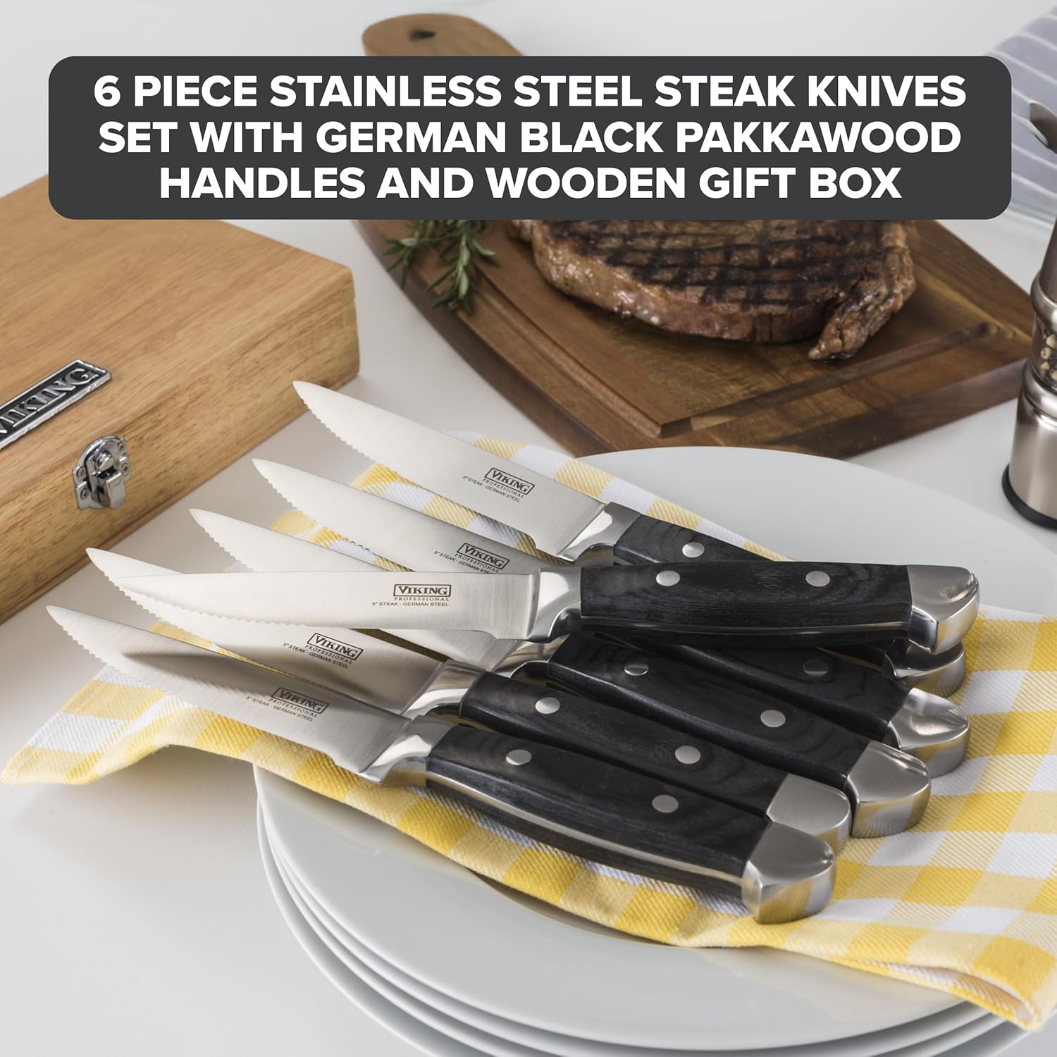 Viking Steak Knife Set, 6-Piece German Stainless Steel Knives with Pakkawood Handles and Wooden Box, Hand Wash Only, Black