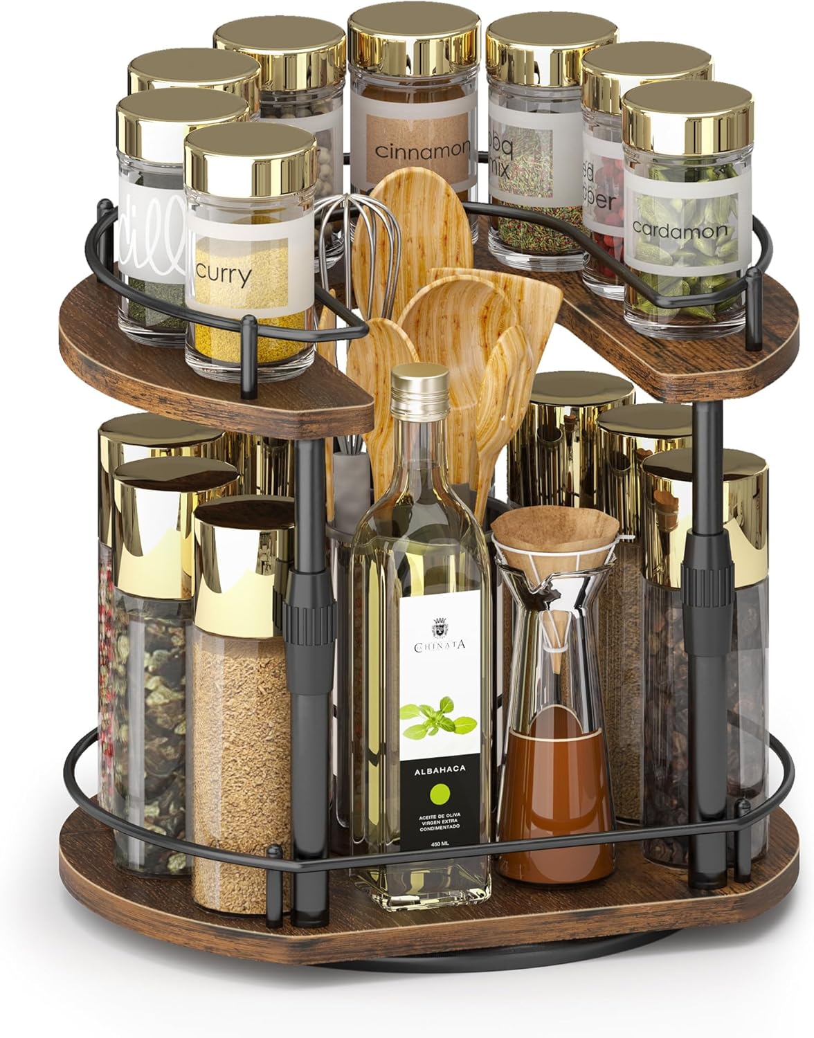 Across-Star Lazy-Susan-Spice-Rack -Organizer For Cabinet With Adjustable Height, 12 inch Rotating Seasoning Holder Spice Organization For Pantry, 2-Tier Kitchen Counter Shelf Countertop Organizer
