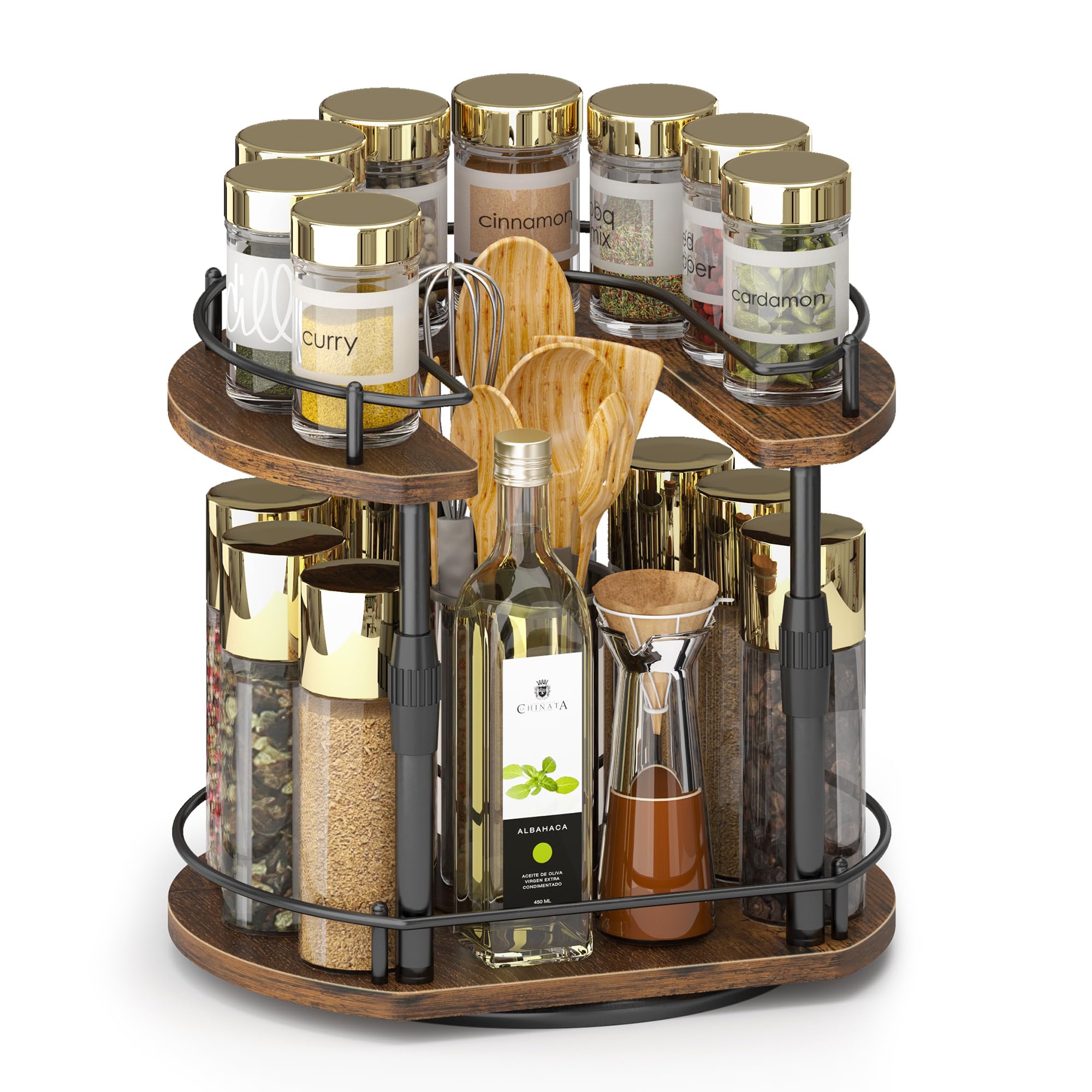 Across-Star Lazy-Susan-Spice-Rack -Organizer For Cabinet With Adjustable Height, 12 inch Rotating Seasoning Holder Spice Organization For Pantry, 2-Tier Kitchen Counter Shelf Countertop Organizer