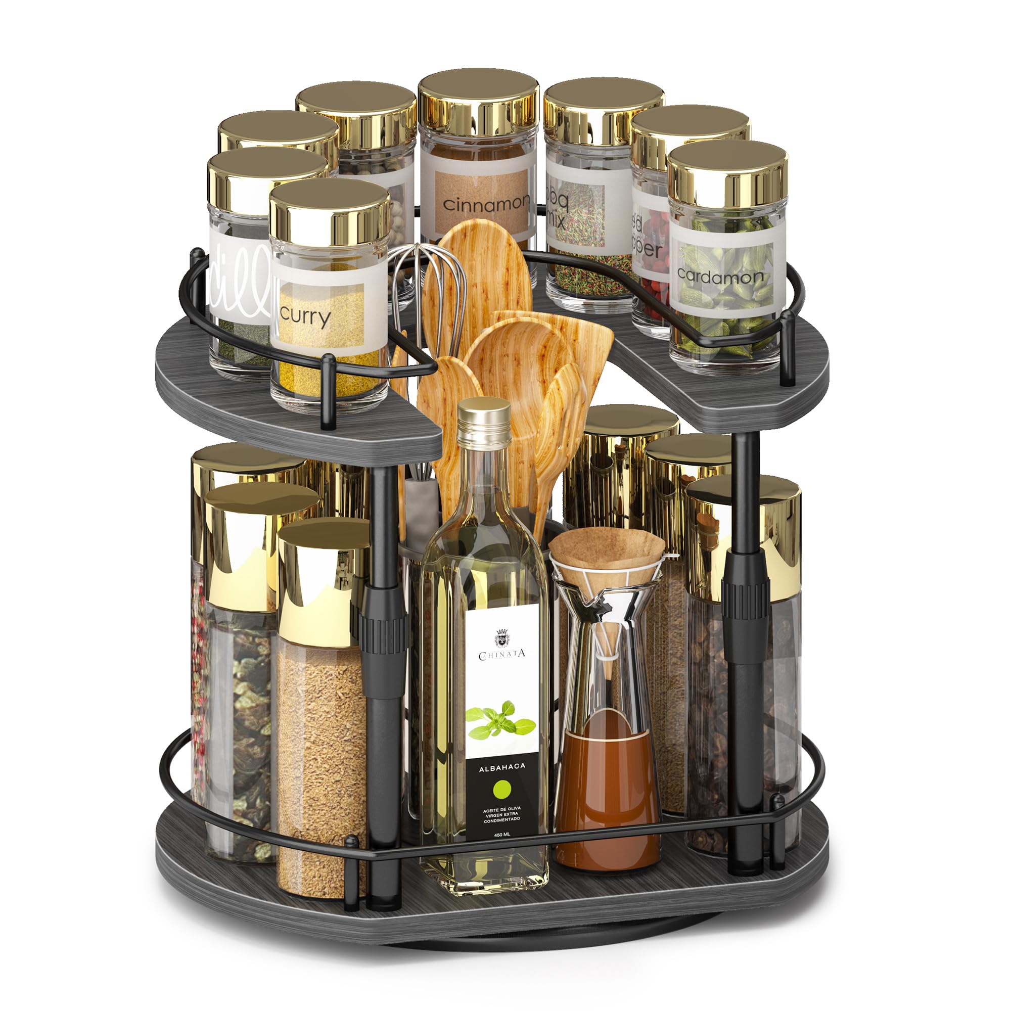 Across-Star Lazy-Susan-Spice-Rack -Organizer For Cabinet With Adjustable Height, 12 inch Rotating Seasoning Holder Spice Organization For Pantry, 2-Tier Kitchen Counter Shelf Countertop Organizer