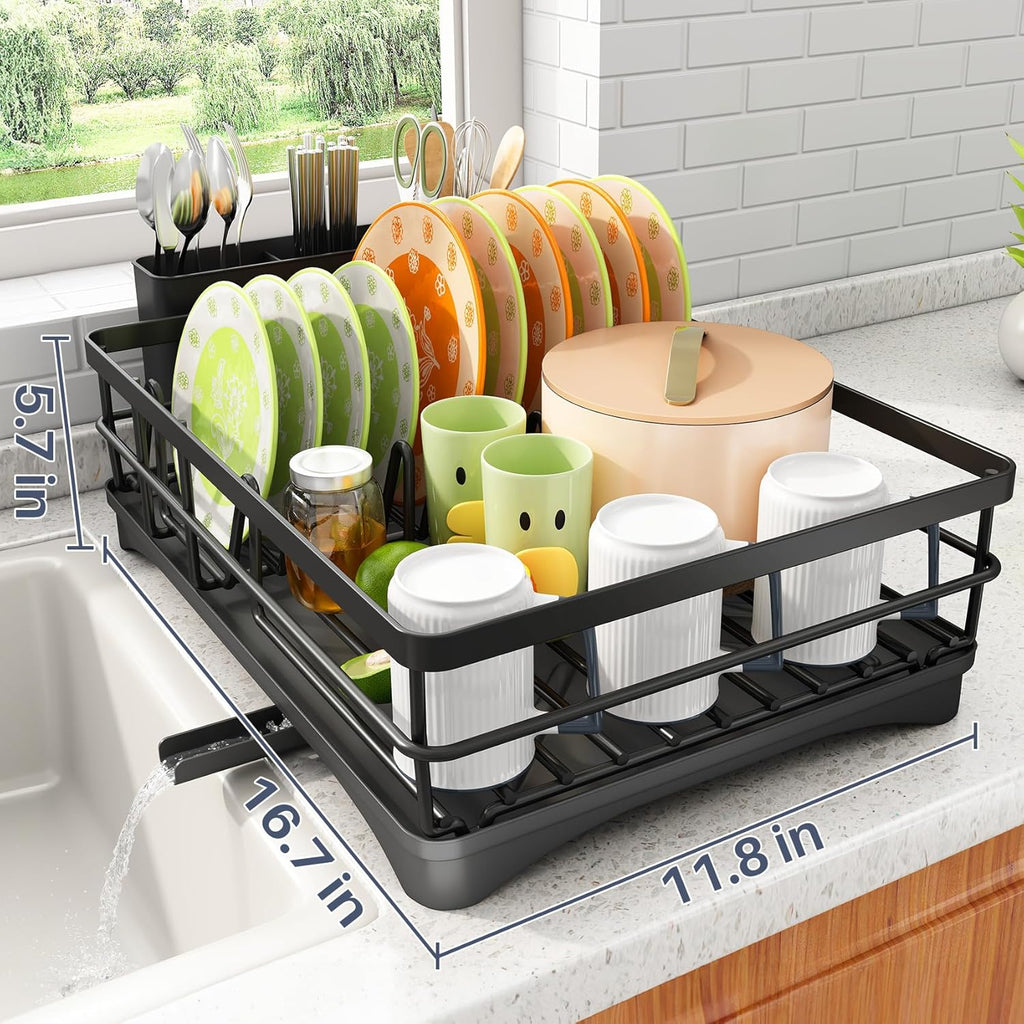 Dish Drying Rack - Rust Resistant Dish Drainer for Kitchen Counter with Drainboard & Rotating Spout, Large-Capacity Dish Rack with Removable Utensil Holder, Space-saving kitchen organizer, Black