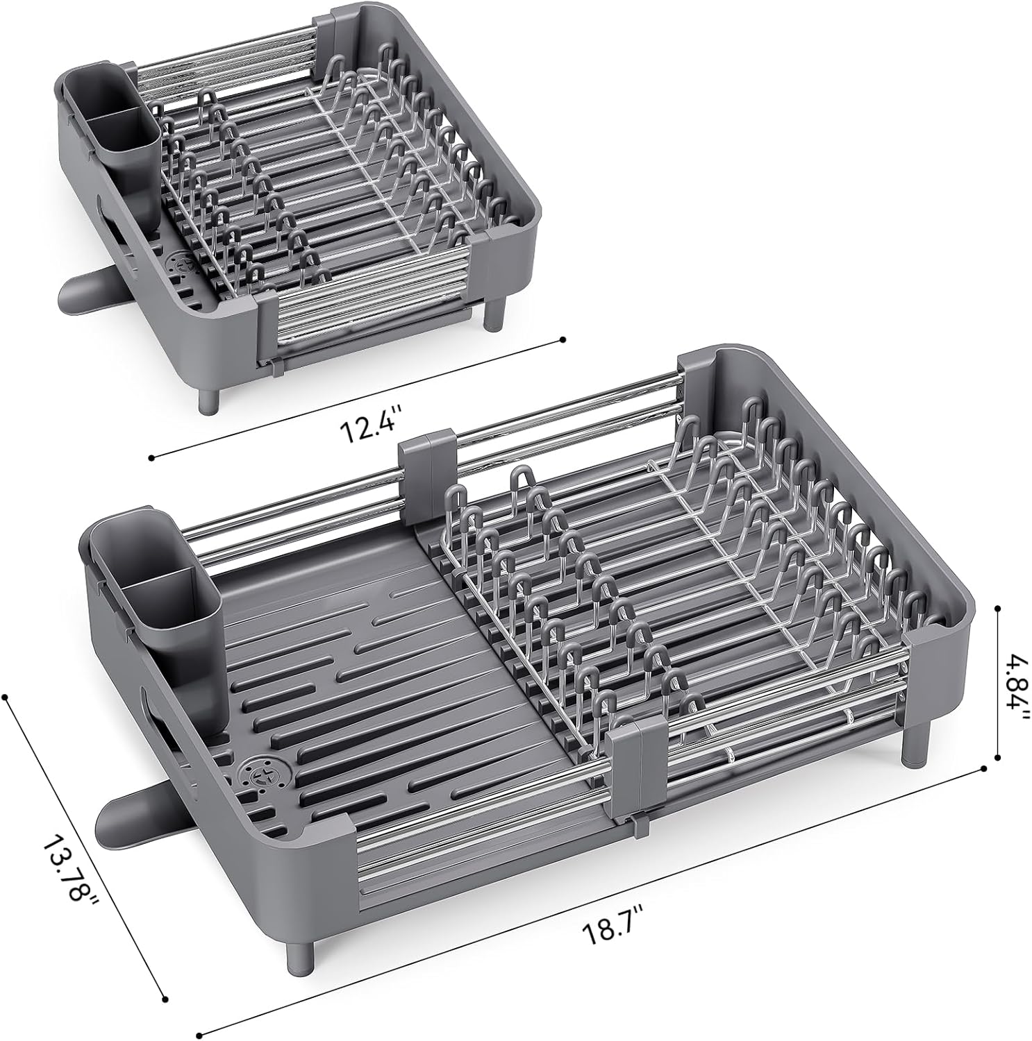 Urackify Stainless Steel Dish Drying Rack - Dish Drainer for Kitchen Counter, Extendable Drainboard with Foldable, Space-Saving Cup & Bowl Organizer, Includes Knife and Utensil Holder, Gray