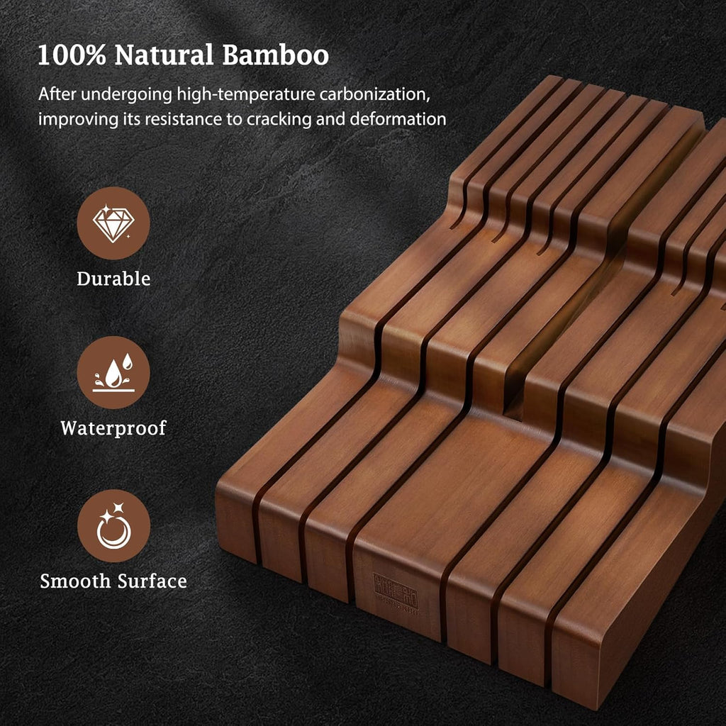 HOSHANHO In-Drawer Knife Block, Large Bamboo Knife Drawer Organizer for 12 Knives, Kitchen Steak Knife Holder for Sharpening Steel, Brown (Knives & Sharpening Not Included)