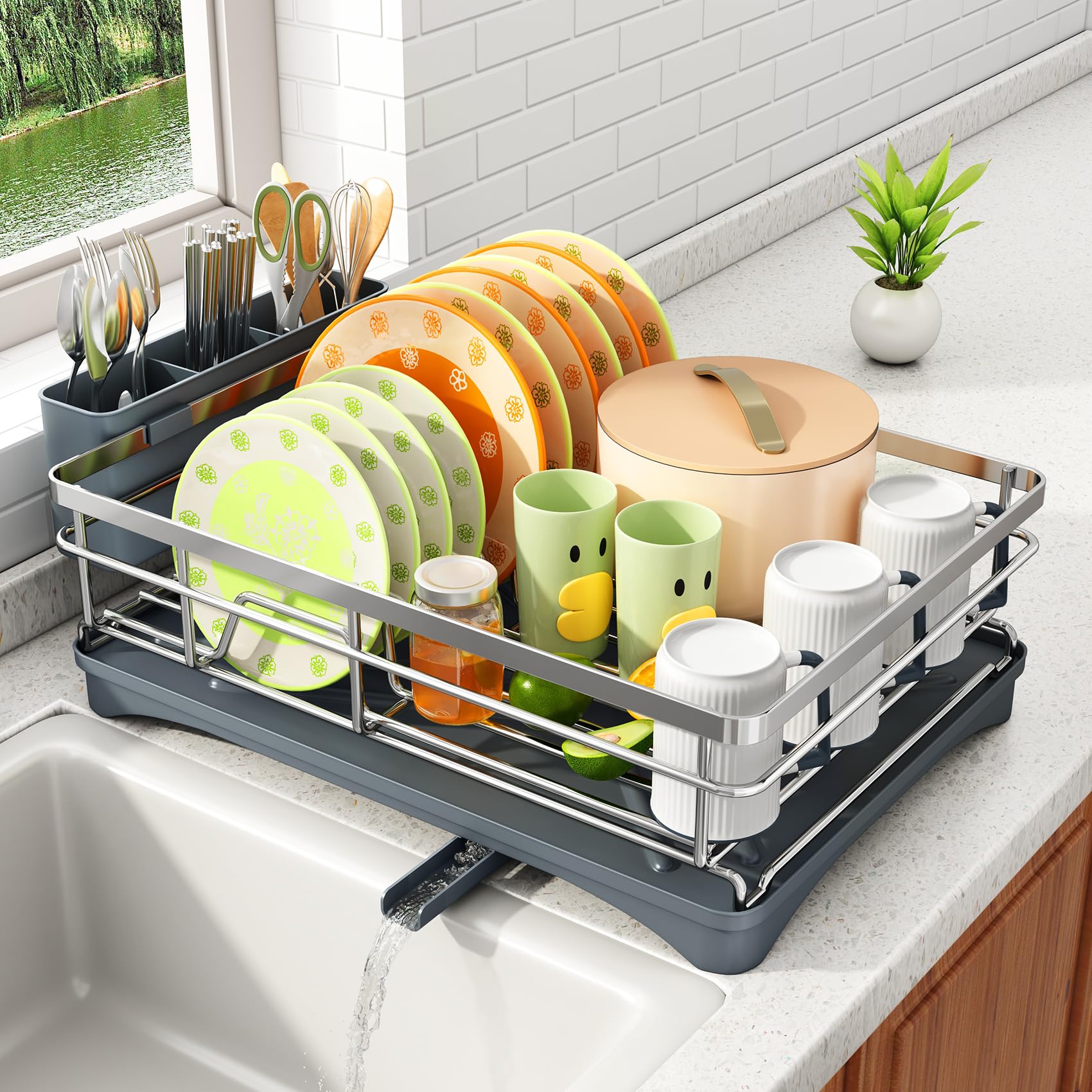 Dish Drying Rack - Rust Resistant Dish Drainer for Kitchen Counter with Drainboard & Rotating Spout, Large-Capacity Dish Rack with Removable Utensil Holder, Space-saving kitchen organizer, Black