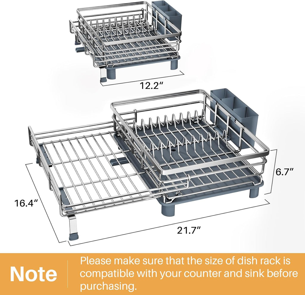SNTD Dish Drying Rack - Extendable Dish Rack, Large Sink Drying Dish Drainer for Kitchen Counter, Stainless Steel Dish Strainer with Utensil Holder (Silver)