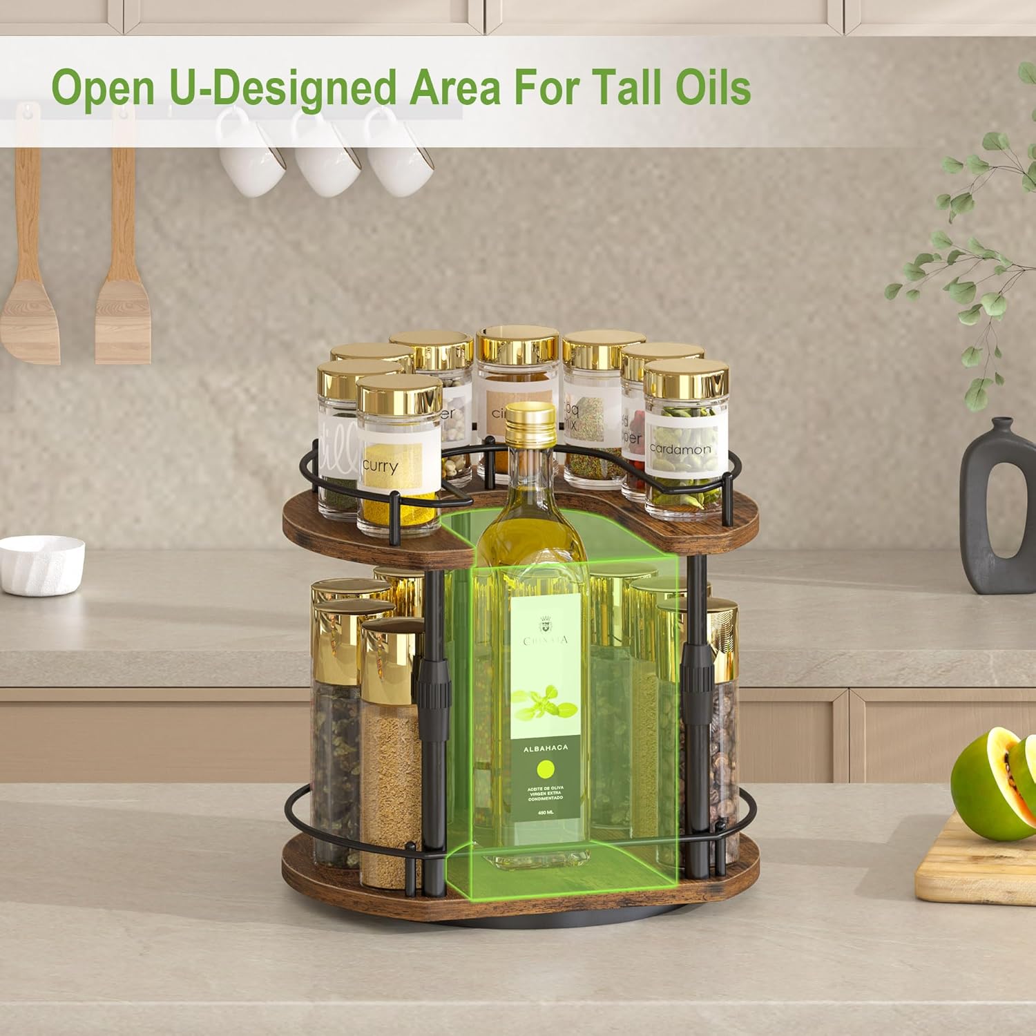 Across-Star Lazy-Susan-Spice-Rack -Organizer For Cabinet With Adjustable Height, 12 inch Rotating Seasoning Holder Spice Organization For Pantry, 2-Tier Kitchen Counter Shelf Countertop Organizer