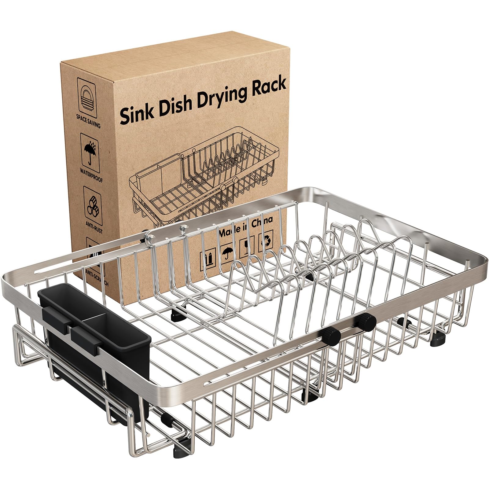 MAJALiS Expandable Stainless Steel Over The Sink Dish Drying Rack for Small Kitchen Counter Space Saving, Compact RV Plate Drainer Strainer in Silver Wire Metal with Hanging Adjustable Utensil Holder