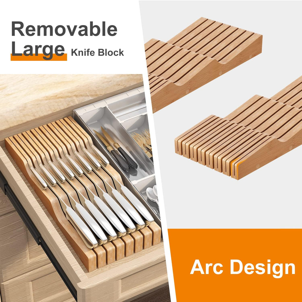 In-Drawer Knife Block Organizer - Bamboo Wood Drawer Knife Organizer-Protecting Knife Organizer Block (Not Included) (Natural, 15 Knives Dock)