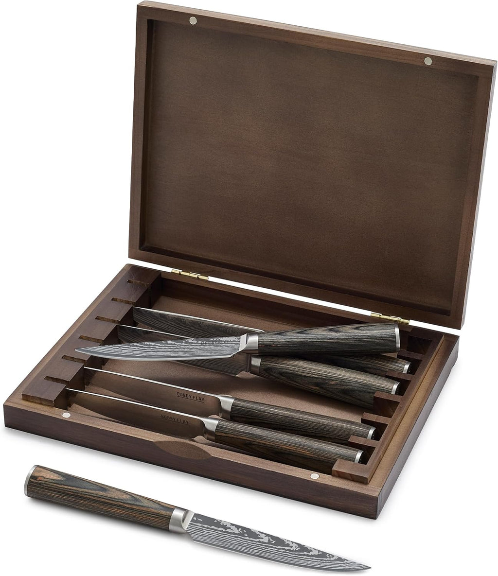 GreenPan x Bobby Flay 6 Piece Steak Knife Set with Wood Storage Box, Premium Stainless Steel Blades, Precision Cutting Tools, Ultra-Versatile Cutlery, Hand Finished Wood Handle, Damascus Steel Design